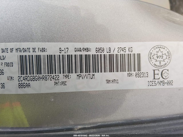 Aukcja sprzedaży 2017 Dodge Grand Caravan Cvp/sxt, vin: 2C4RDGBG0HR872422, numer aukcji: 45191842