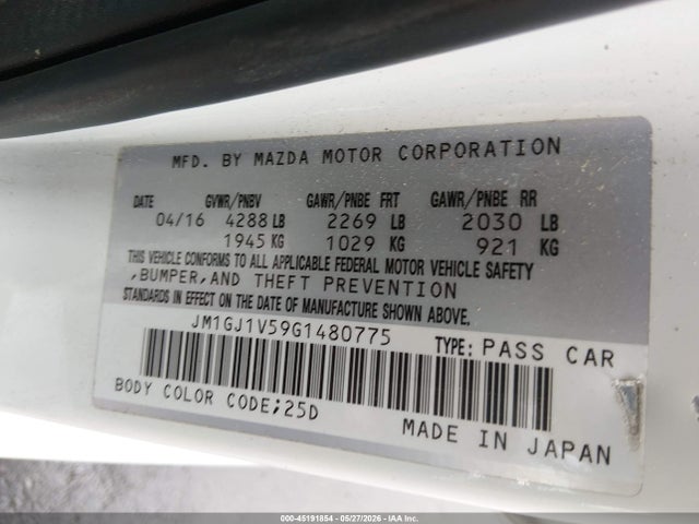 2016 Mazda Mazda6 I Touring მანქანა იყიდება აუქციონზე, vin: JM1GJ1V59G1480775, აუქციონის ნომერი: 45191854