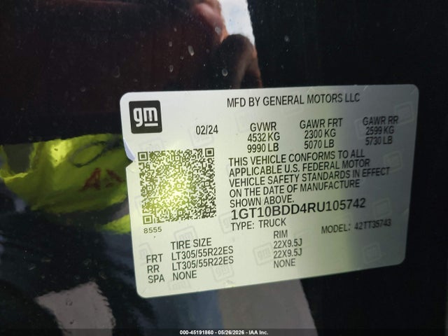 45191860 :رقم المزاد ، 1GT10BDD4RU105742 vin ، 2024 Gmc Hummer Ev Pickup E4wd 2x مزاد بيع