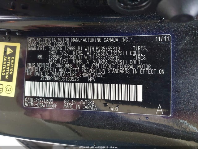Продаж на аукціоні авто 2012 Lexus Rx 350, vin: 2T2BK1BA9CC133926, номер лоту: 45191870
