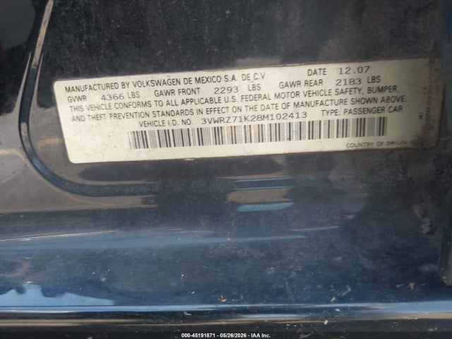 Продаж на аукціоні авто 2008 Volkswagen Jetta Se, vin: 3VWRZ71K28M102413, номер лоту: 45191871