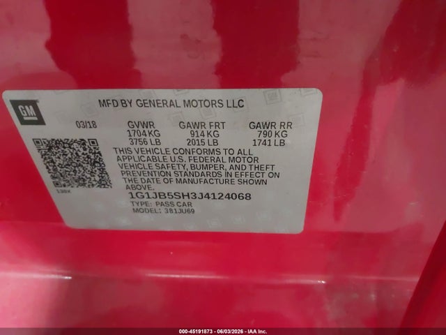 45191873 :رقم المزاد ، 1G1JB5SH3J4124068 vin ، 2018 Chevrolet Sonic Ls Auto مزاد بيع