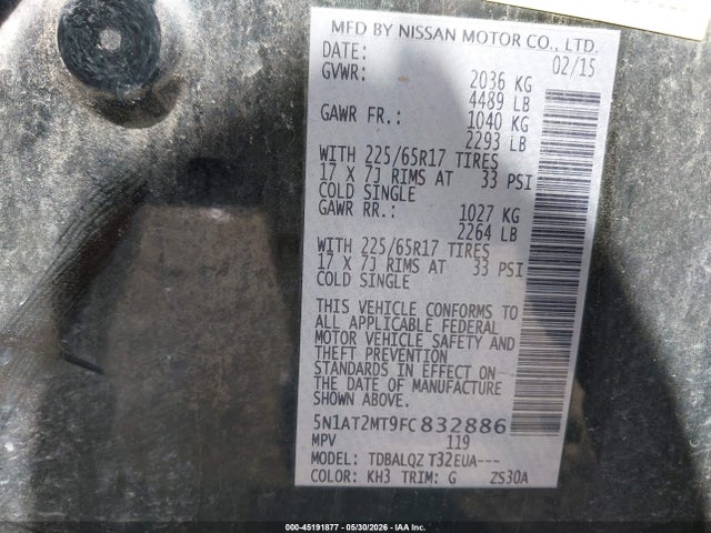 Продаж на аукціоні авто 2015 Nissan Rogue S/sl/sv, vin: 5N1AT2MT9FC832886, номер лоту: 45191877