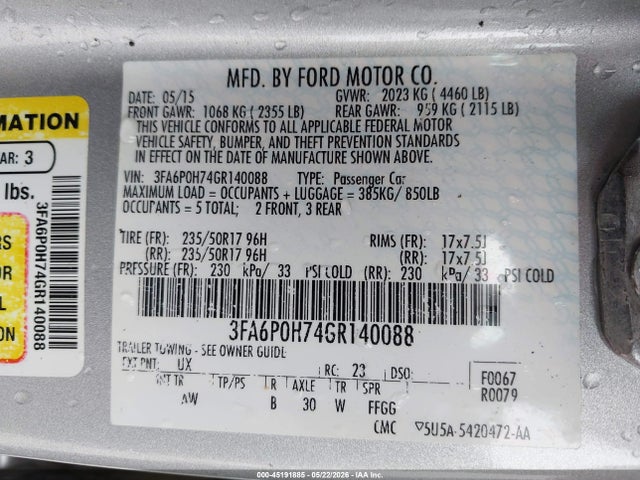 Aukcja sprzedaży 2016 Ford Fusion Se, vin: 3FA6P0H74GR140088, numer aukcji: 45191885