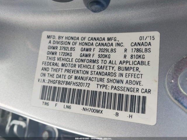 Honda CIVIC EX 2015 2HGFB2F84FH520172 Image 9