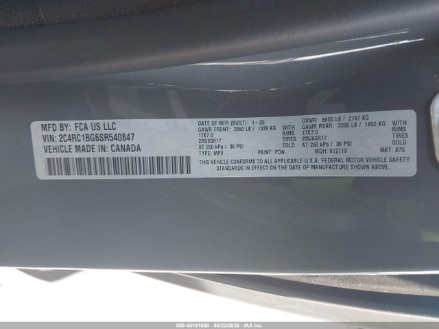45191898 :رقم المزاد ، 2C4RC1BG6SR540847 vin ، 2025 Chrysler Pacifica Select مزاد بيع