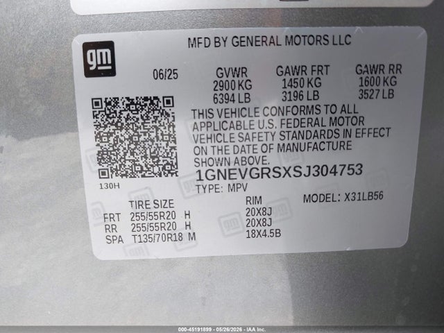 Продаж на аукціоні авто 2025 Chevrolet Traverse Awd Lt, vin: 1GNEVGRSXSJ304753, номер лоту: 45191899