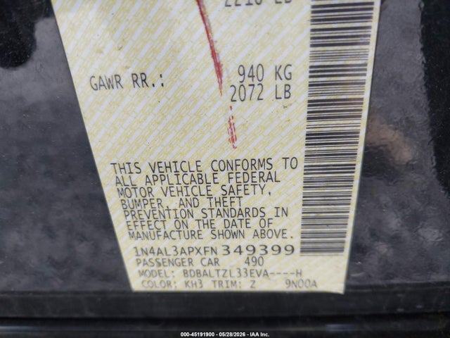 2015 Nissan Altima 2.5 Sl მანქანა იყიდება აუქციონზე, vin: 1N4AL3APXFN349399, აუქციონის ნომერი: 45191900