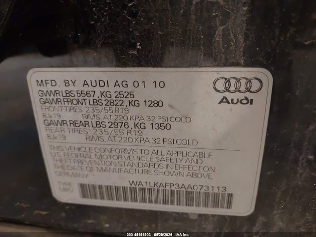45191903 :رقم المزاد ، WA1LKAFP3AA073113 vin ، 2010 Audi Q5 3.2 Premium مزاد بيع