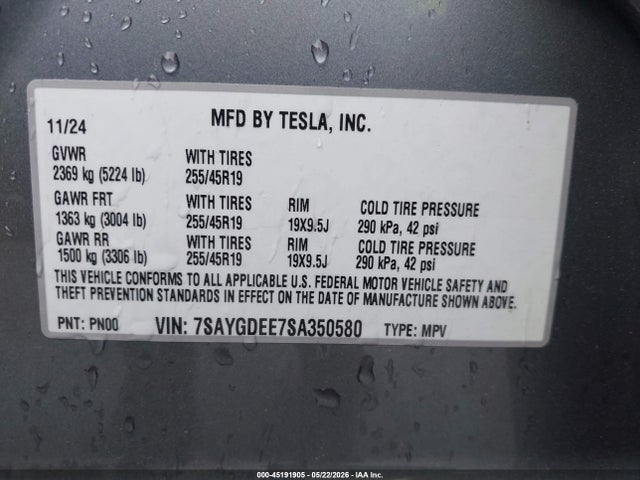 Продаж на аукціоні авто 2025 Tesla Model Y Long Range Dual Motor All-wheel Drive, vin: 7SAYGDEE7SA350580, номер лоту: 45191905