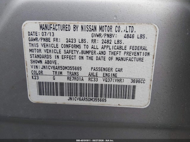 Продаж на аукціоні авто 2013 Infiniti G37x, vin: JN1CV6AR5DM355665, номер лоту: 45191911