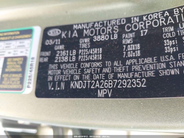 45191912 :رقم المزاد ، KNDJT2A26B7292352 vin ، 2011 Kia Soul ! مزاد بيع