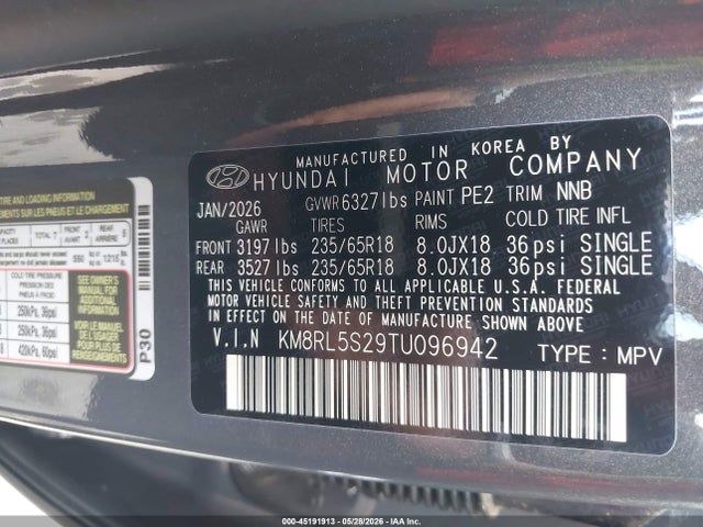 Продажа на аукционе авто 2026 Hyundai Palisade Sel 7p, vin: KM8RL5S29TU096942, номер лота: 45191913