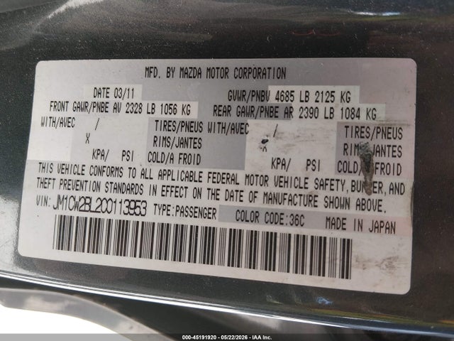 Продаж на аукціоні авто 2012 Mazda Mazda5 Sport, vin: JM1CW2BL2C0113953, номер лоту: 45191920