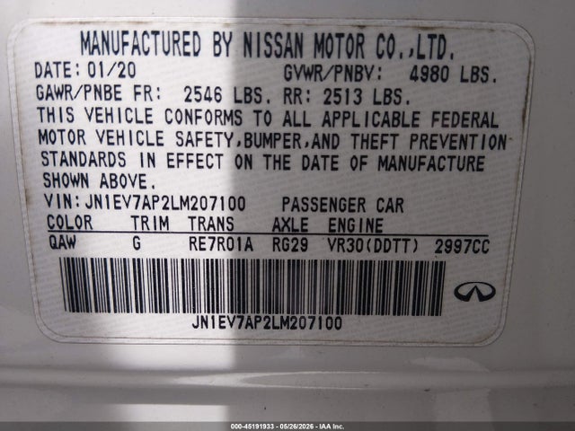 45191933 :رقم المزاد ، JN1EV7AP2LM207100 vin ، 2020 Infiniti Q50 Luxe مزاد بيع