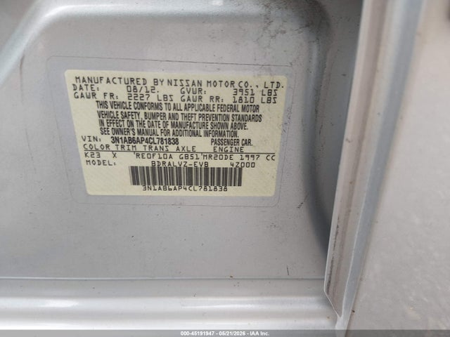 2012 Nissan Sentra 2.0 Sl მანქანა იყიდება აუქციონზე, vin: 3N1AB6AP4CL781838, აუქციონის ნომერი: 45191947