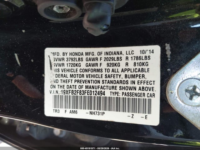 Aukcja sprzedaży 2015 Honda Civic Ex, vin: 19XFB2F83FE012494, numer aukcji: 45191971
