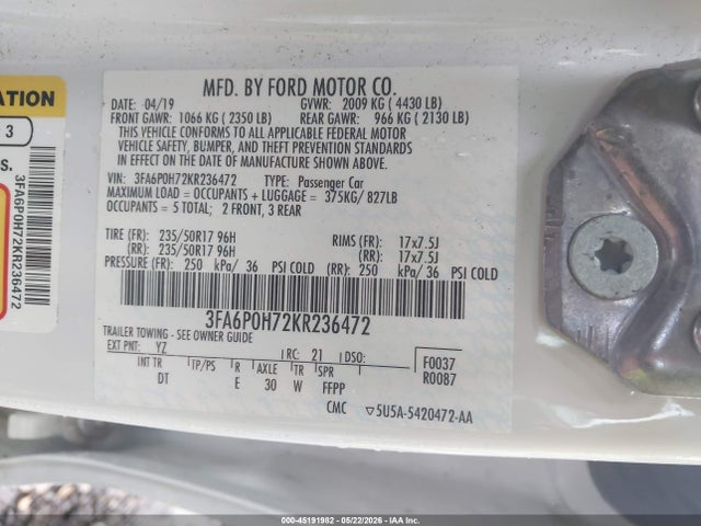 Aukcja sprzedaży 2019 Ford Fusion Se, vin: 3FA6P0H72KR236472, numer aukcji: 45191982