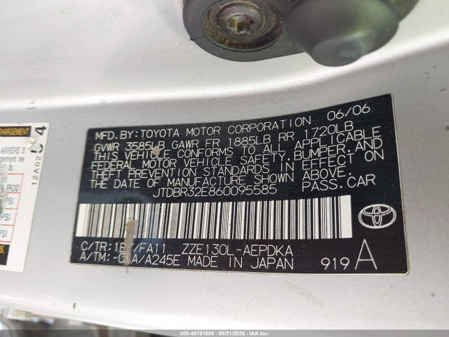 2006 Toyota Corolla Ce მანქანა იყიდება აუქციონზე, vin: JTDBR32E860095585, აუქციონის ნომერი: 45191986