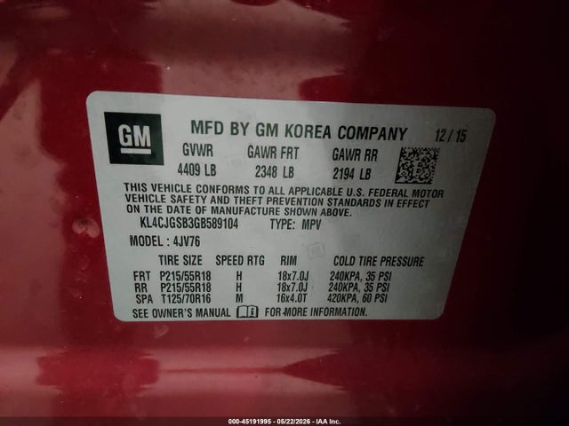 Продаж на аукціоні авто 2016 Buick Encore Leather, vin: KL4CJGSB3GB589104, номер лоту: 45191995