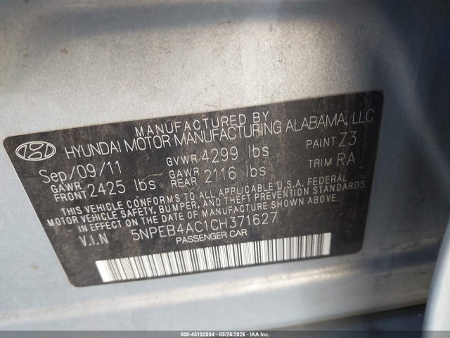 Продаж на аукціоні авто 2012 Hyundai Sonata Gls, vin: 5NPEB4AC1CH371627, номер лоту: 45192004
