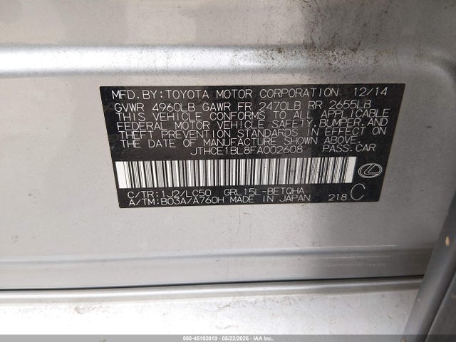 45192019 :رقم المزاد ، JTHCE1BL8FA002608 vin ، 2015 Lexus Gs 350 مزاد بيع