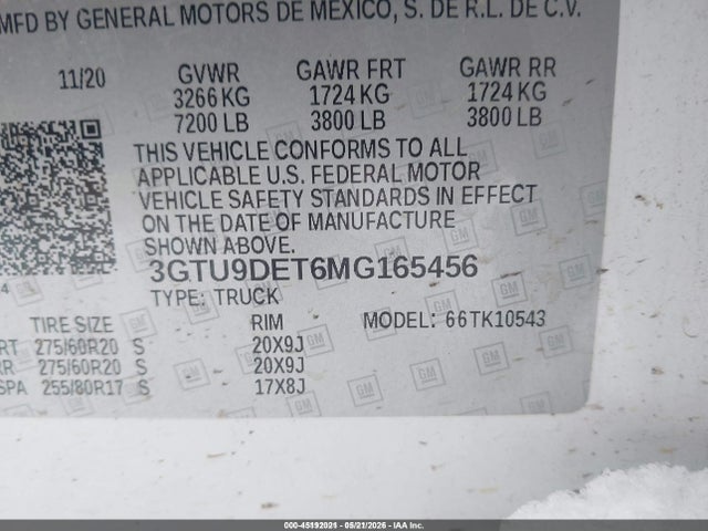 Продаж на аукціоні авто 2021 Gmc Sierra 1500 4wd  Short Box Slt, vin: 3GTU9DET6MG165456, номер лоту: 45192021