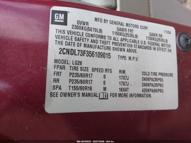 Aukcja sprzedaży 2005 Chevrolet Equinox Lt, vin: 2CNDL73F356109015, numer aukcji: 45192023