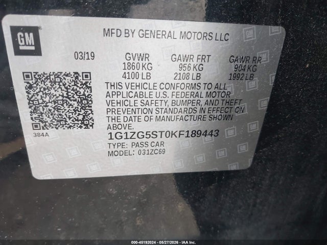 Aukcja sprzedaży 2019 Chevrolet Malibu Rs, vin: 1G1ZG5ST0KF189443, numer aukcji: 45192024