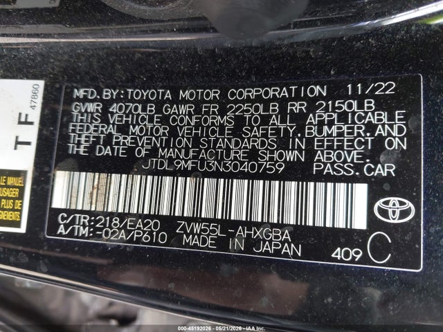 Aukcja sprzedaży 2022 Toyota Prius Xle Awd-e, vin: JTDL9MFU3N3040759, numer aukcji: 45192026