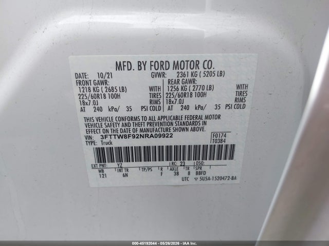 Продажа на аукционе авто 2022 Ford Maverick Lariat, vin: 3FTTW8F92NRA09922, номер лота: 45192044