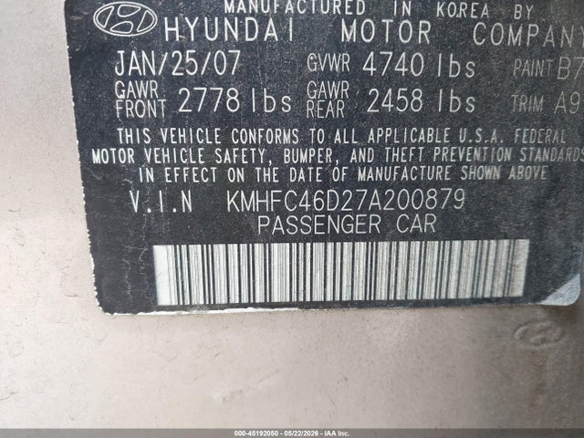 45192050 :رقم المزاد ، KMHFC46D27A200879 vin ، 2007 Hyundai Azera Gls مزاد بيع