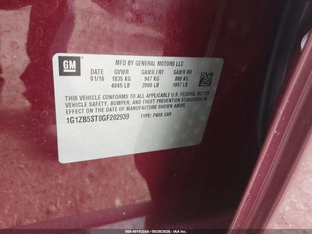 2016 Chevrolet Malibu Ls მანქანა იყიდება აუქციონზე, vin: 1G1ZB5ST0GF202939, აუქციონის ნომერი: 45192054