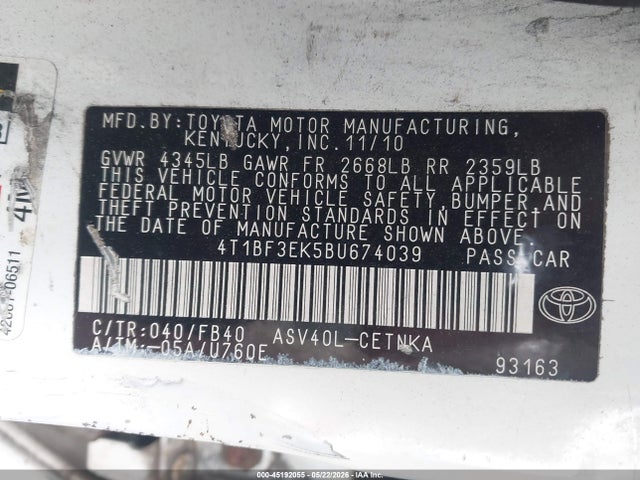 45192055 :رقم المزاد ، 4T1BF3EK5BU674039 vin ، 2011 Toyota Camry Le مزاد بيع