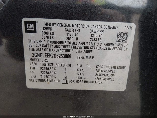 Aukcja sprzedaży 2016 Chevrolet Equinox Ls, vin: 2GNFLEEK7G6253009, numer aukcji: 45192057