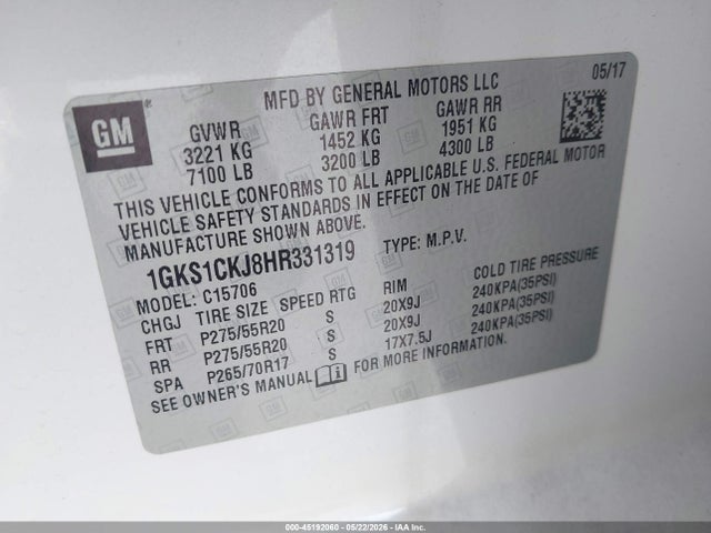 Aukcja sprzedaży 2017 Gmc Yukon Denali, vin: 1GKS1CKJ8HR331319, numer aukcji: 45192060