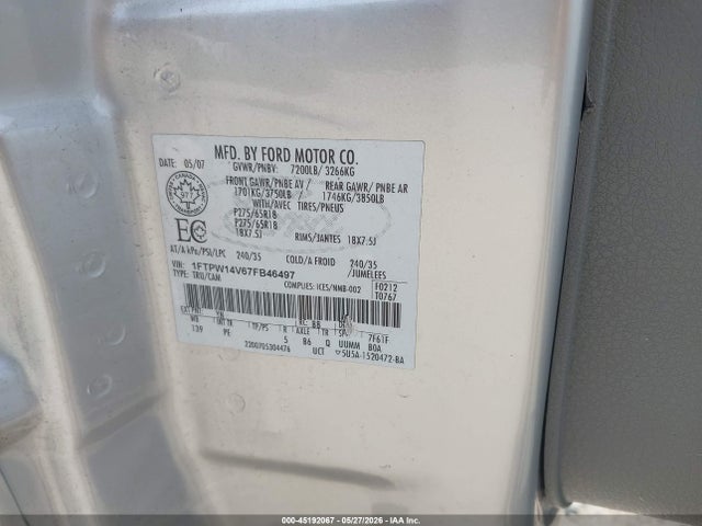 Продажа на аукционе авто 2007 Ford F-150 Fx4/lariat/xlt, vin: 1FTPW14V67FB46497, номер лота: 45192067