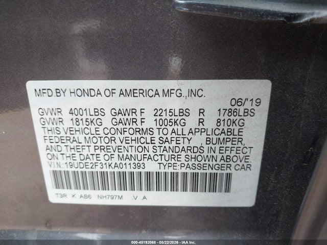 Продаж на аукціоні авто 2019 Acura Ilx Standard, vin: 19UDE2F31KA011393, номер лоту: 45192068