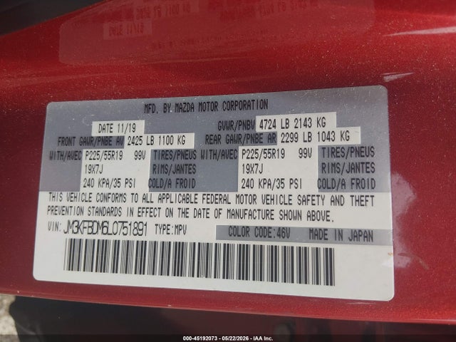 45192073 :رقم المزاد ، JM3KFBDM6L0751891 vin ، 2020 Mazda Cx-5 Grand Touring مزاد بيع
