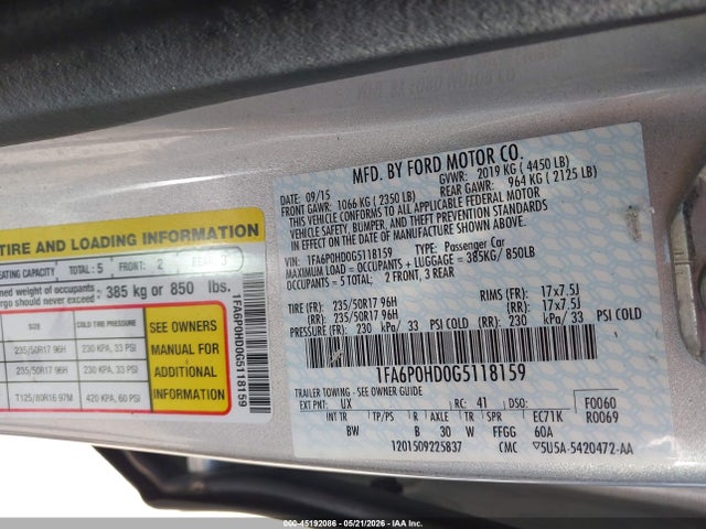 45192086 :رقم المزاد ، 1FA6P0HD0G5118159 vin ، 2016 Ford Fusion Se مزاد بيع