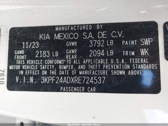 45192087 :رقم المزاد ، 3KPF24ADXRE724537 vin ، 2024 Kia Forte Lxs مزاد بيع