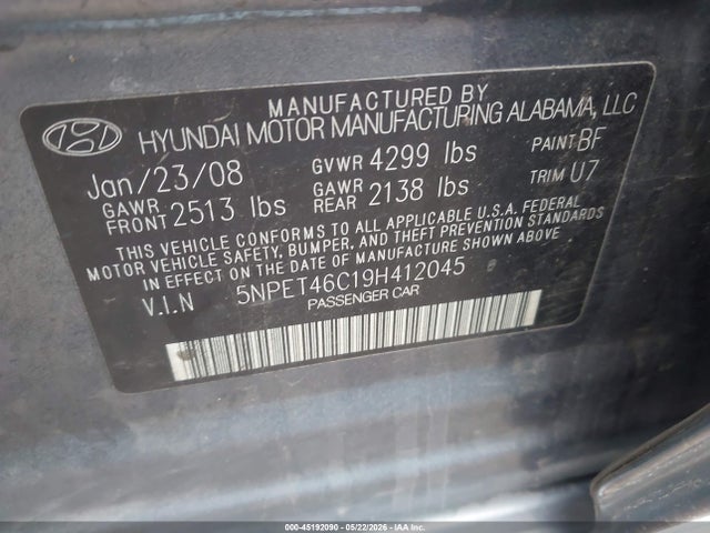 Aukcja sprzedaży 2009 Hyundai Sonata Gls, vin: 5NPET46C19H412045, numer aukcji: 45192090