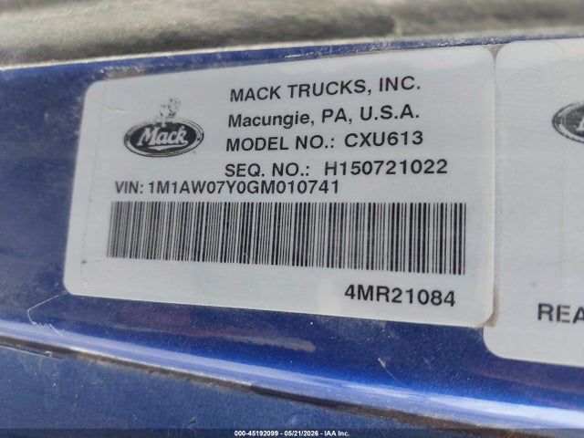 Продажа на аукционе авто 2016 Mack 600 Cxu600, vin: 1M1AW07Y0GM010741, номер лота: 45192099