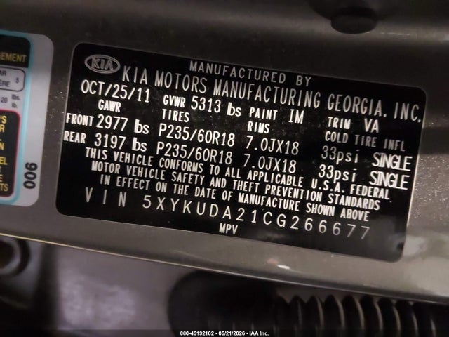 2012 Kia Sorento Ex V6 მანქანა იყიდება აუქციონზე, vin: 5XYKUDA21CG266677, აუქციონის ნომერი: 45192102