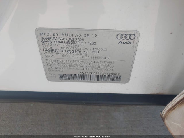 Aukcja sprzedaży 2012 Audi Q5 3.2 Premium Plus, vin: WA1DKAFP5CA123307, numer aukcji: 45192104