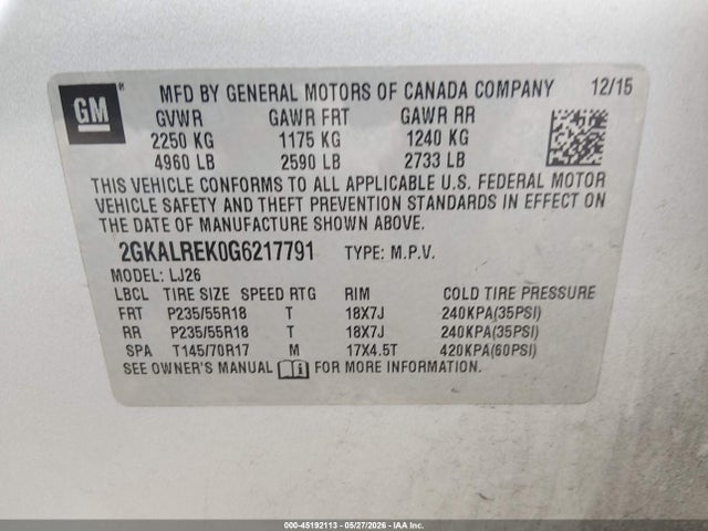 Aukcja sprzedaży 2016 Gmc Terrain Denali, vin: 2GKALREK0G6217791, numer aukcji: 45192113