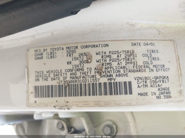 2001 Toyota 4runner Sr5 V6 მანქანა იყიდება აუქციონზე, vin: JT3GN86R310211557, აუქციონის ნომერი: 45192122