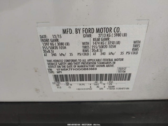 Aukcja sprzedaży 2016 Ford Explorer Limited, vin: 1FM5K7FH3GGB83669, numer aukcji: 45192144