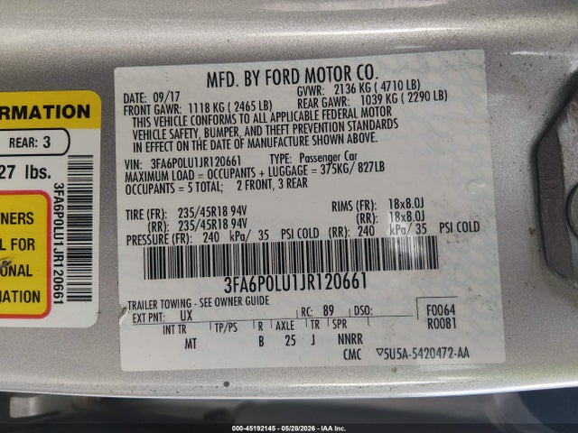Aukcja sprzedaży 2018 Ford Fusion Hybrid Se, vin: 3FA6P0LU1JR120661, numer aukcji: 45192145