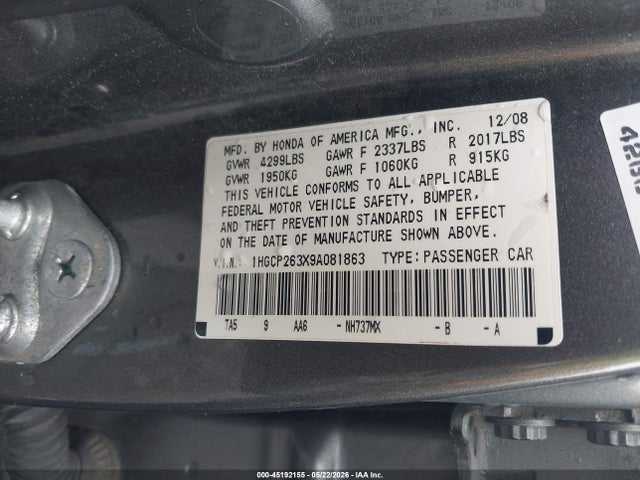 Продаж на аукціоні авто 2009 Honda Accord 2.4 Lx, vin: 1HGCP263X9A081863, номер лоту: 45192155